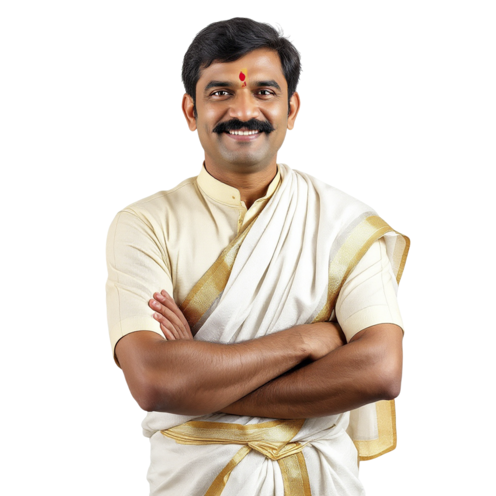 A man in a white sari with his arms crossed png