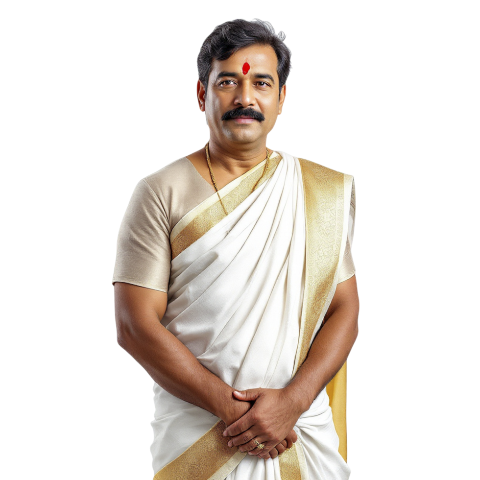 A man in a white sari standing with his hands on his hips png