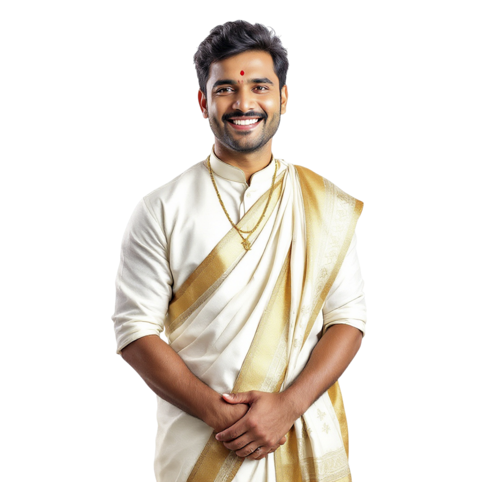A man in a white sari standing with his hands on his hips png
