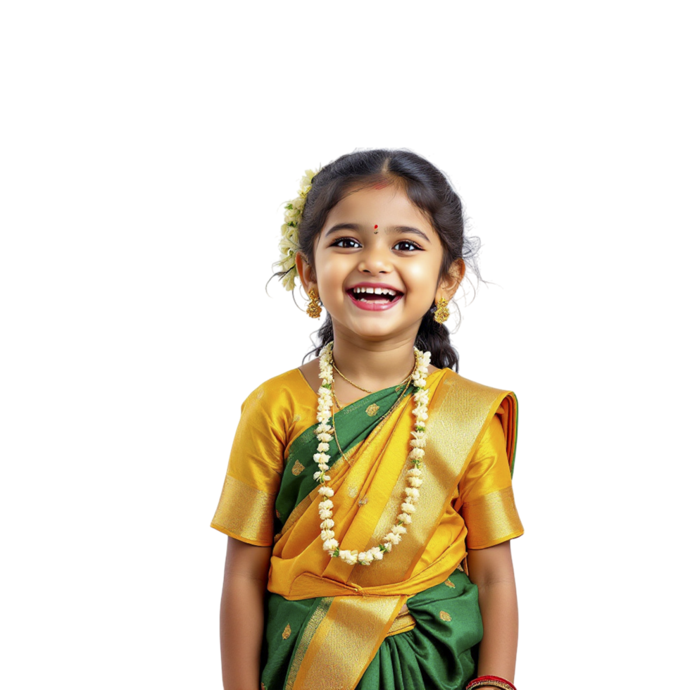 A little girl in a green sari smiling png