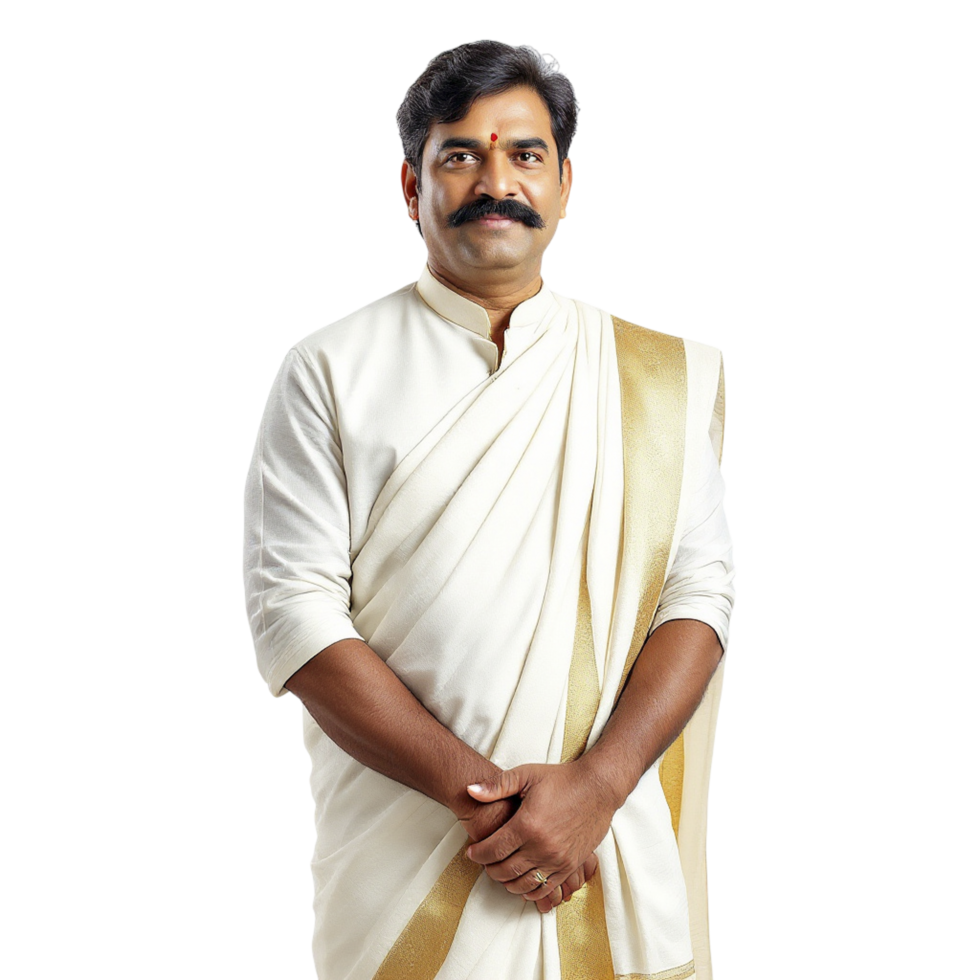 A man in a white sari standing with his arms crossed png