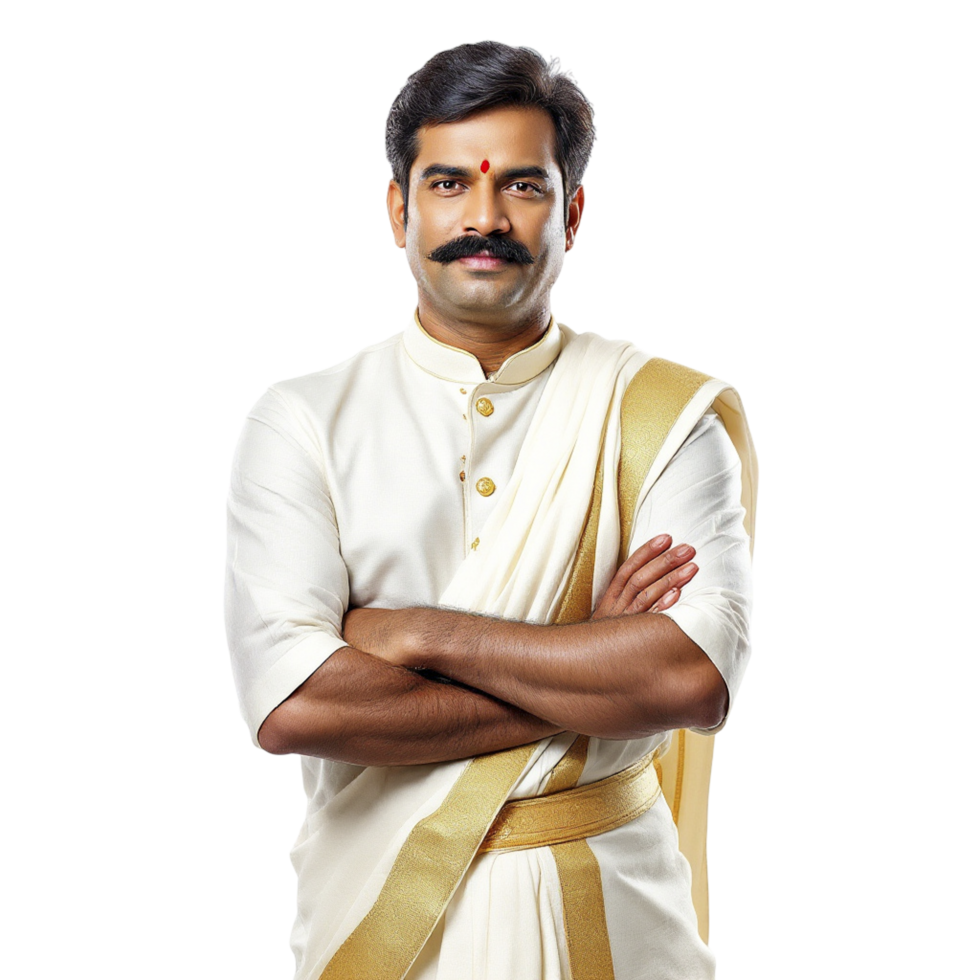 A man in a white and gold sari png