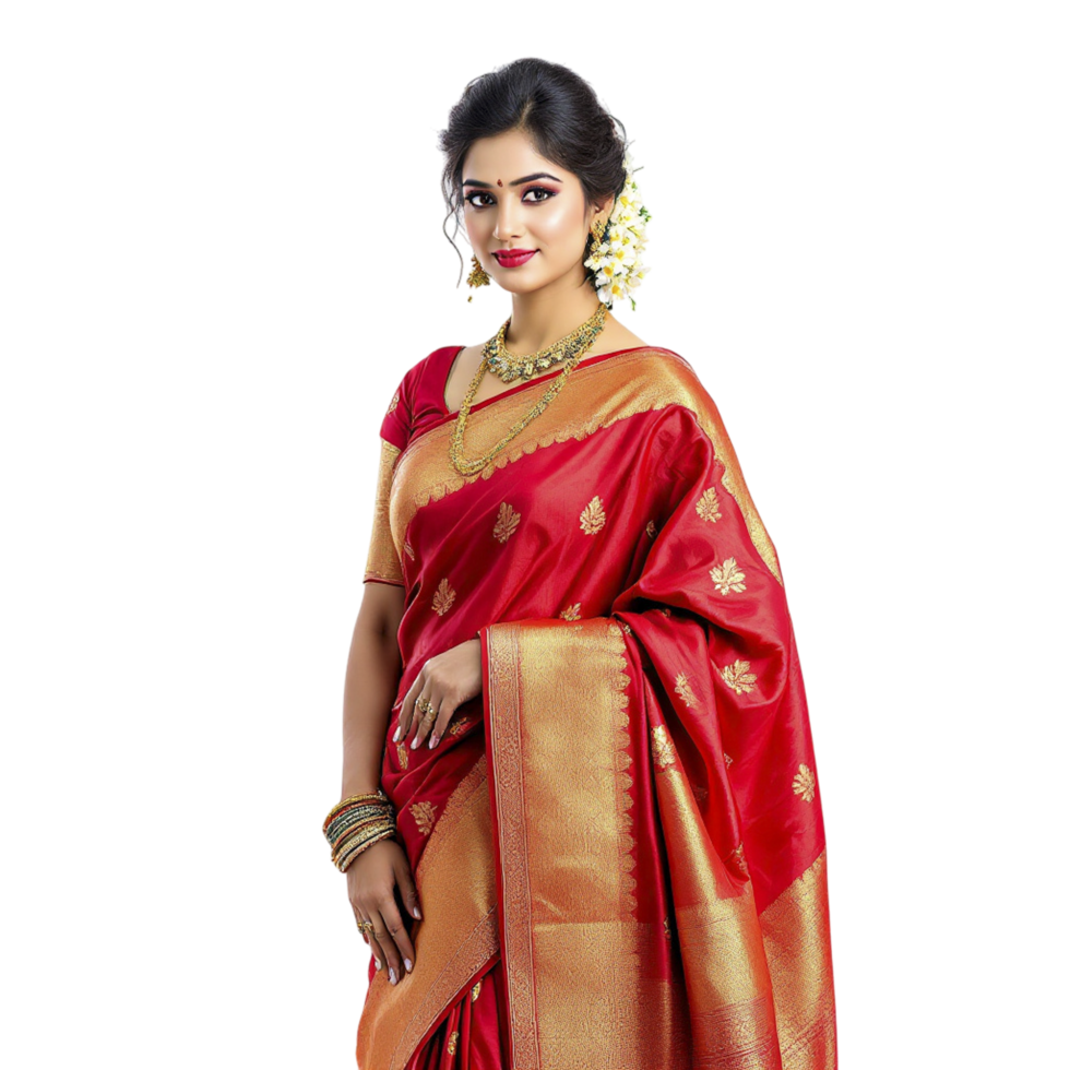 A beautiful woman in a red and gold sari png