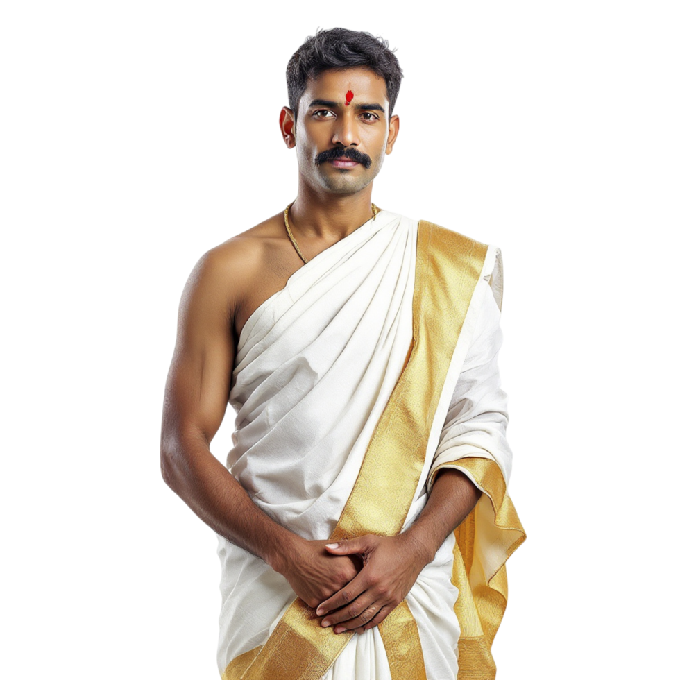 A man in a white sari with gold trim png