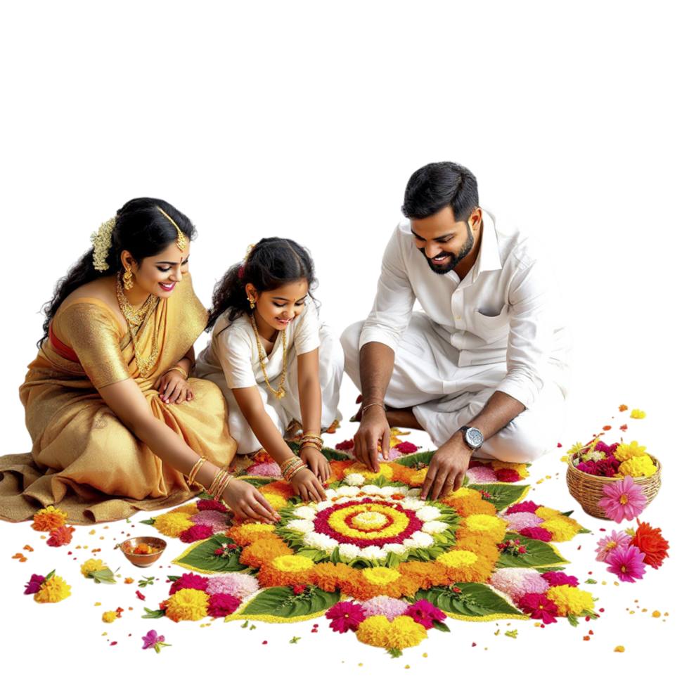 A family is making a rangoli with flowers png