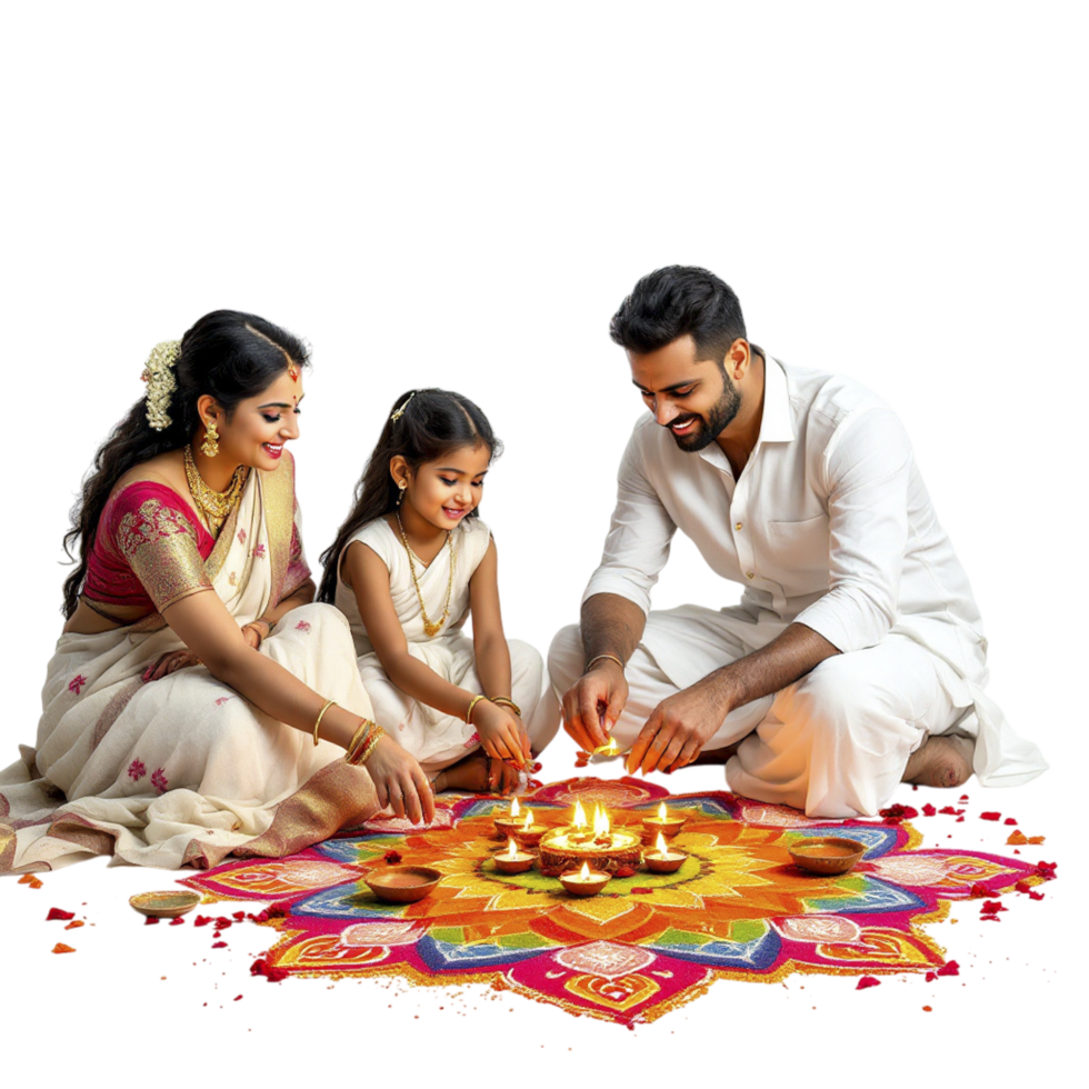 A family is lighting diyas on a colorful mat png