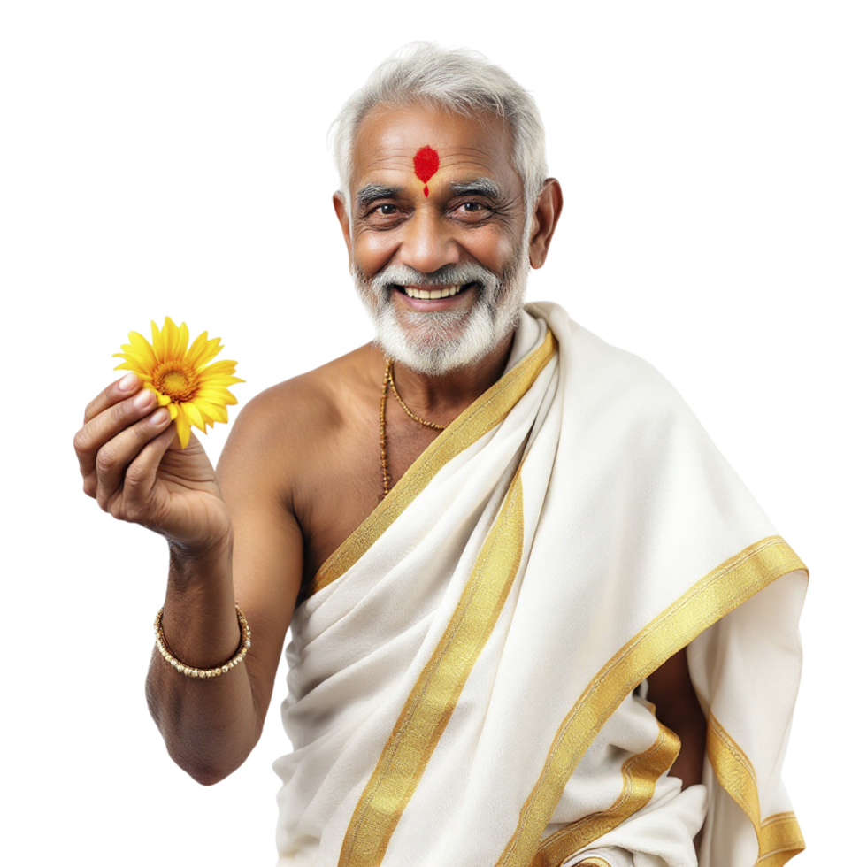 An old man in a white robe holding a yellow flower png