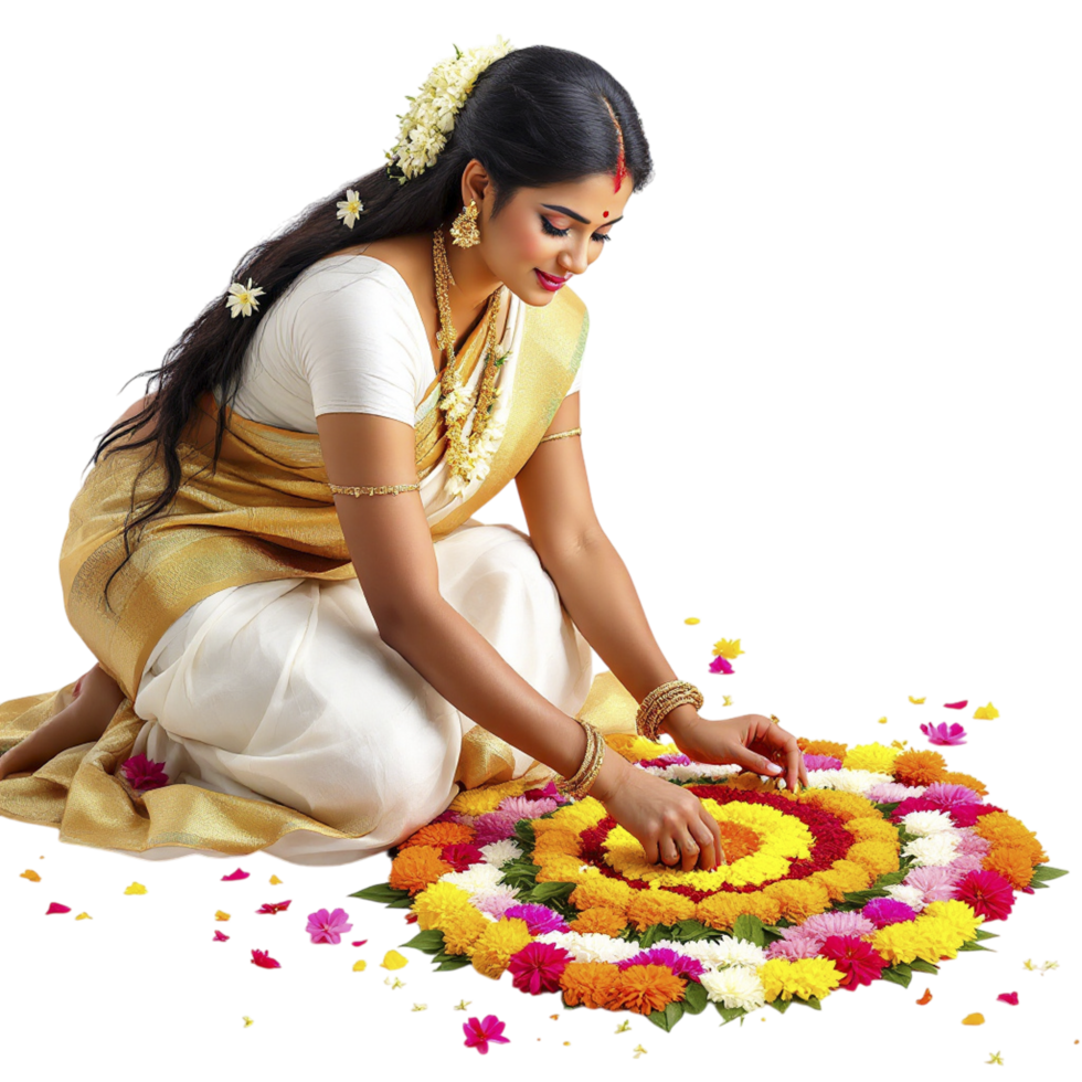 A woman in a traditional sari is making a rangoli png