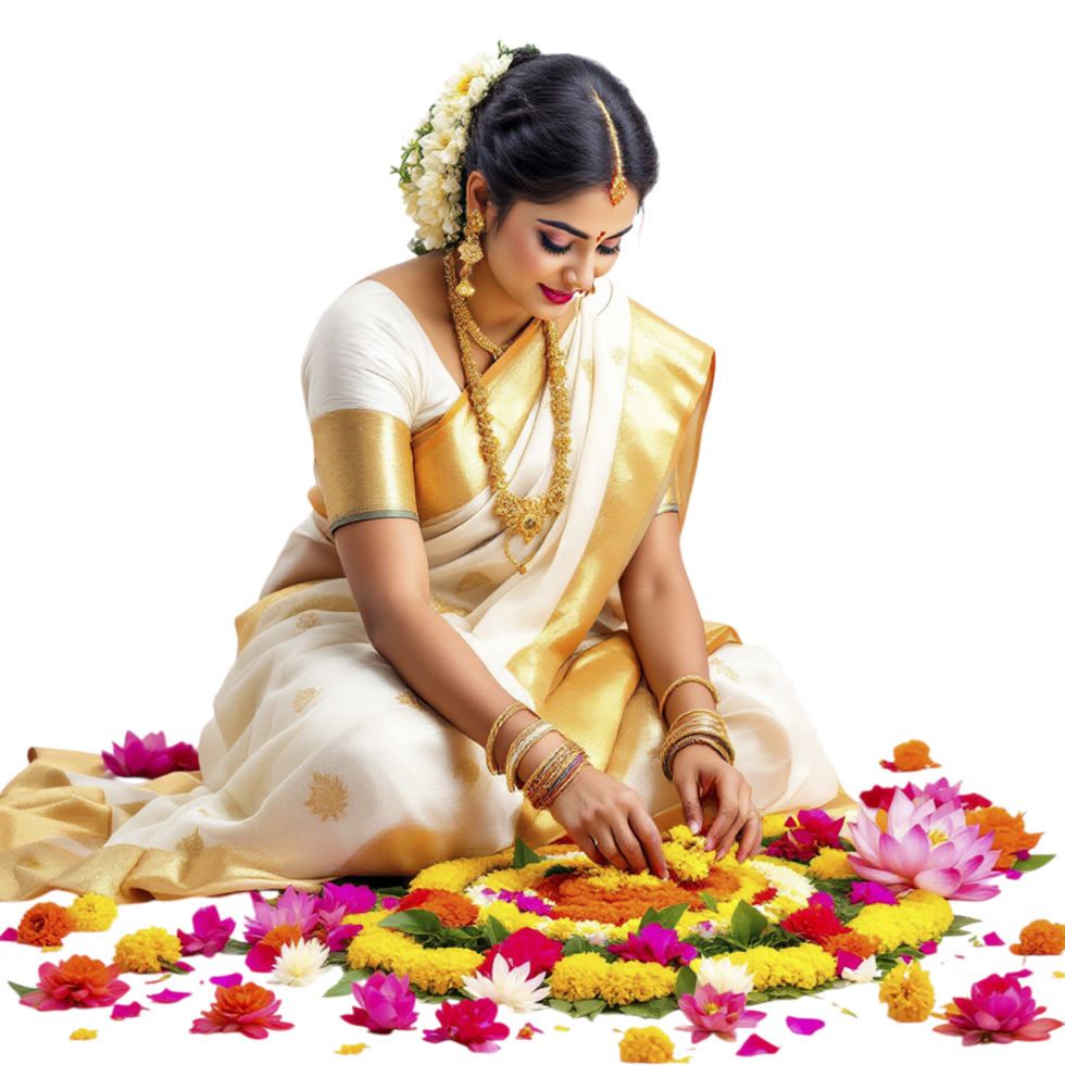 A woman in traditional sari is sitting on a flower arrangement png