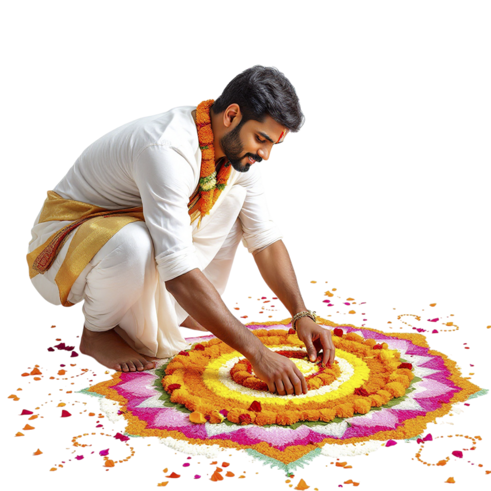 A man kneeling down to make a rangoli png