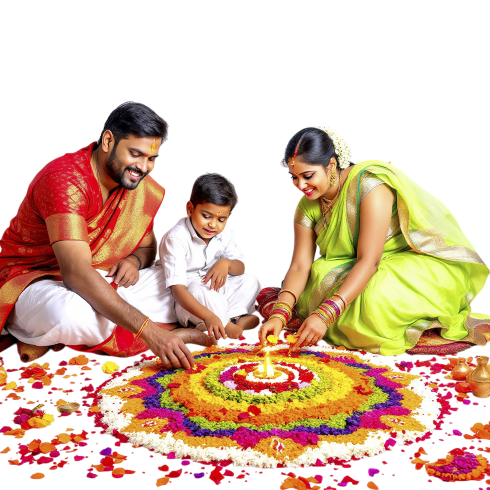 A family is lighting a diya on a flower arrangement png