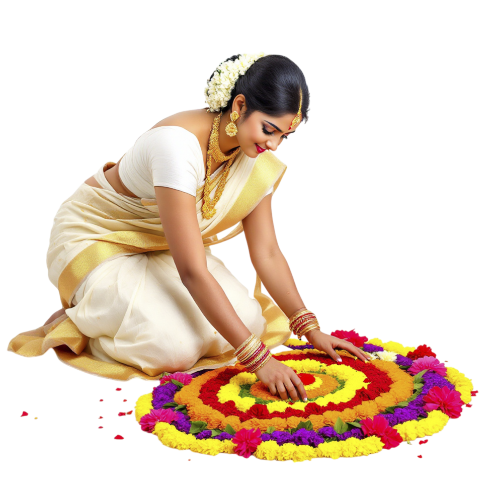 A woman in a white sari kneeling down on a flower arrangement png