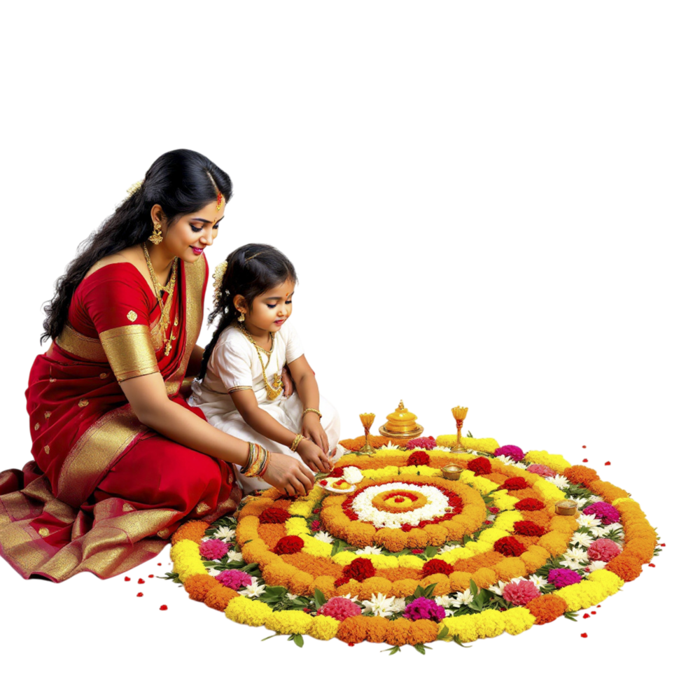 A woman and a child are making a rangoli png