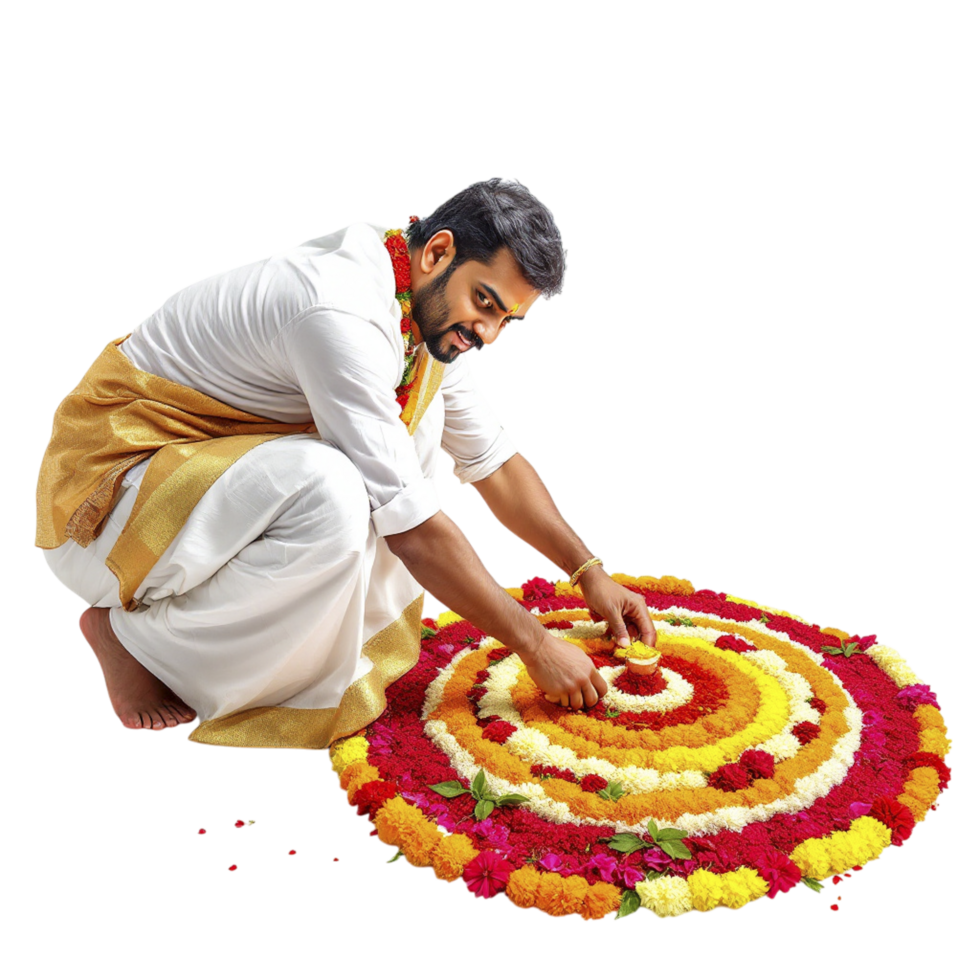 A man kneeling down to make a rangoli png