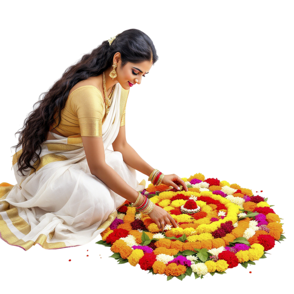 A woman in a sari is making a rangoli png