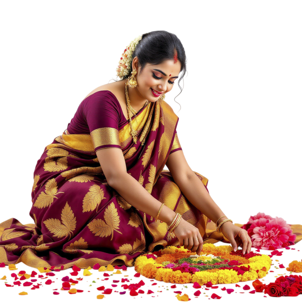 A woman in a sari is making a flower arrangement png