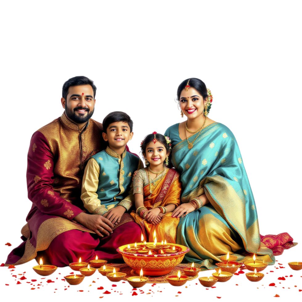 Happy family with diwali candles on black background png