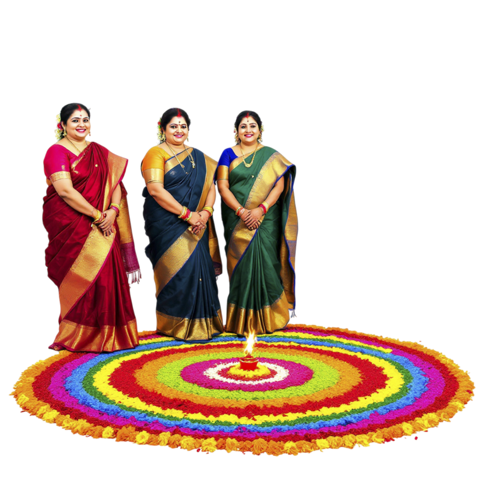 Three women in saris standing in front of a colorful flower arrangement png