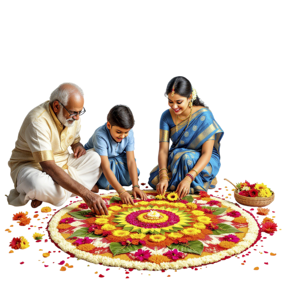 A family is making a rangoli with flowers png