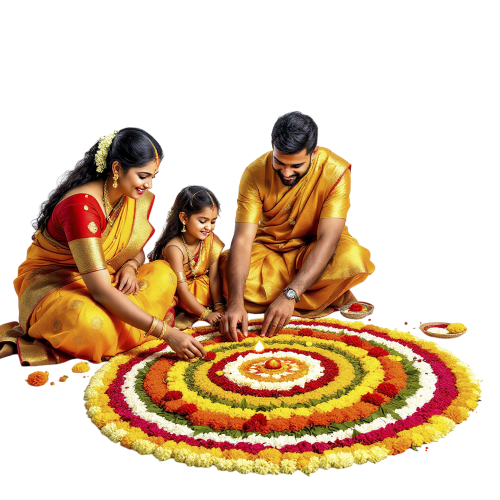 A family is sitting around a colorful rangoli png
