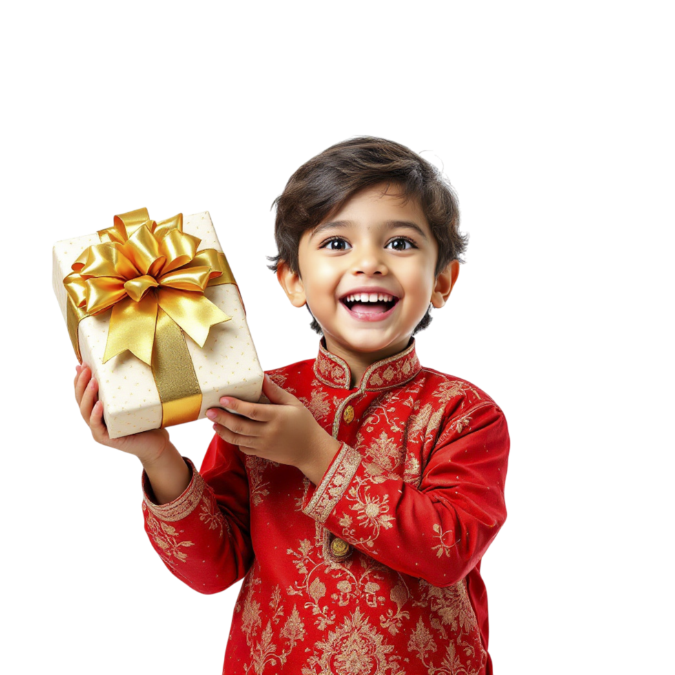 A young boy in a red dress holding a gift box png