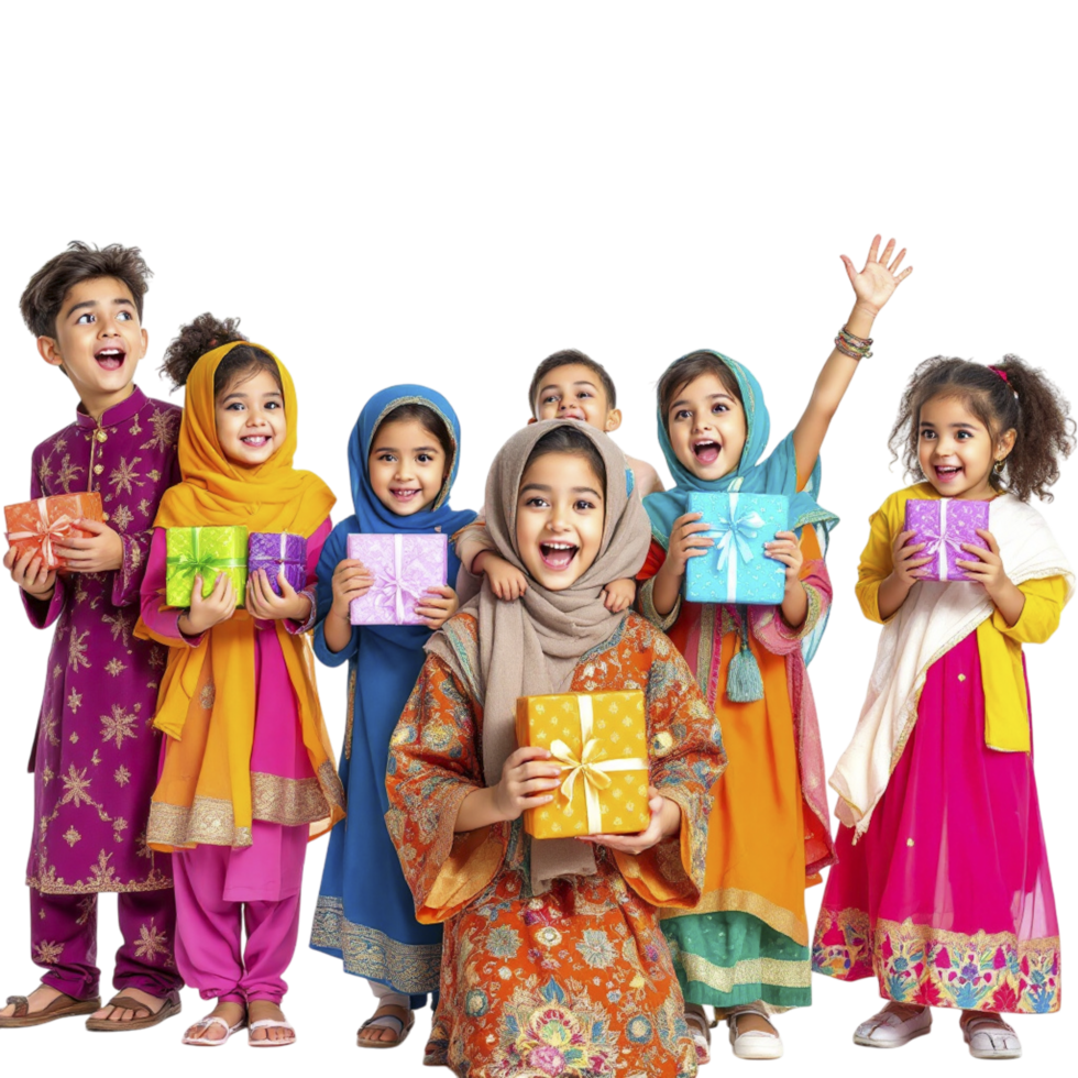 A group of children in colorful clothing holding presents png