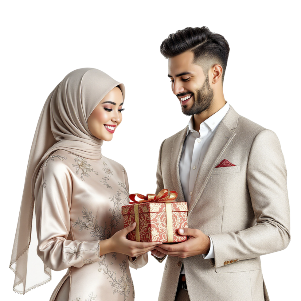 A muslim man and woman in traditional clothing are holding a gift png