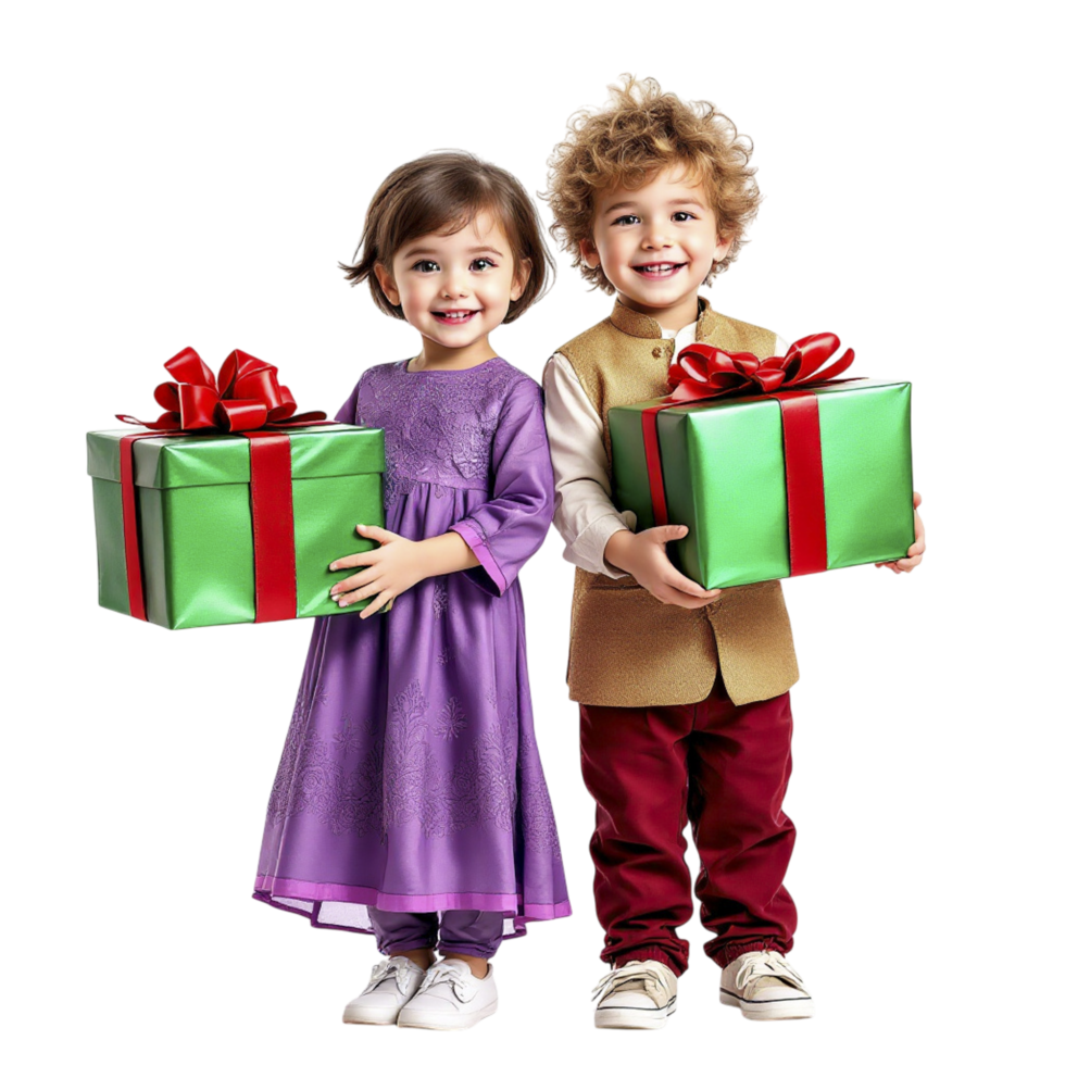 Two children holding presents in front of a black background png