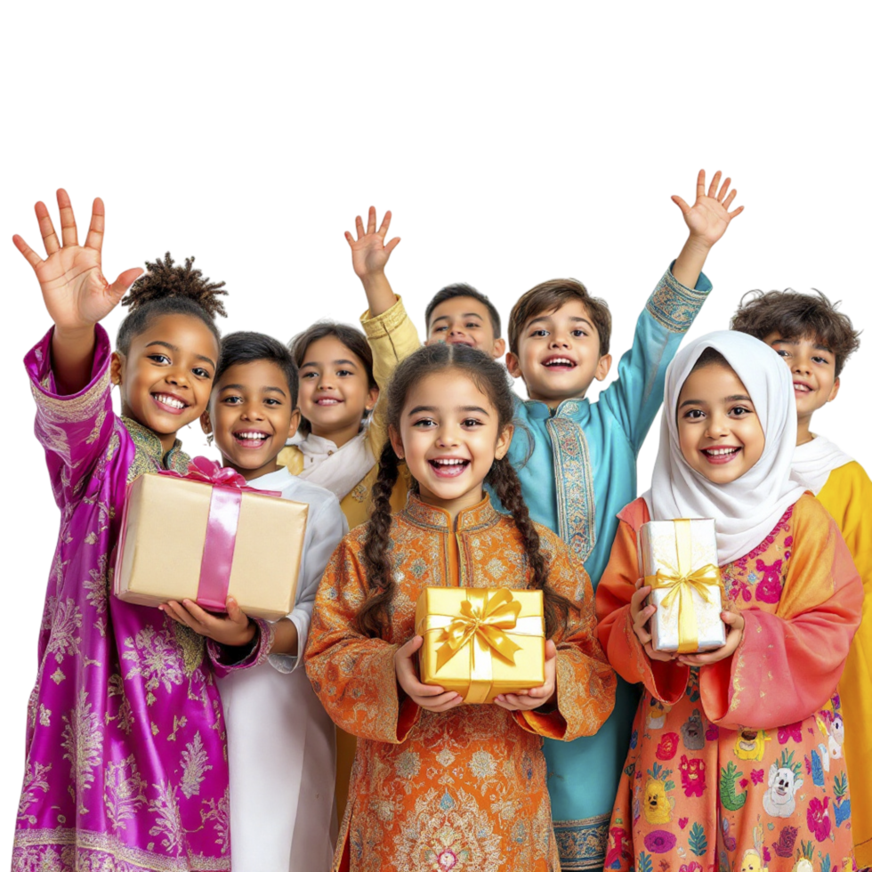 A group of children in traditional clothing holding presents png
