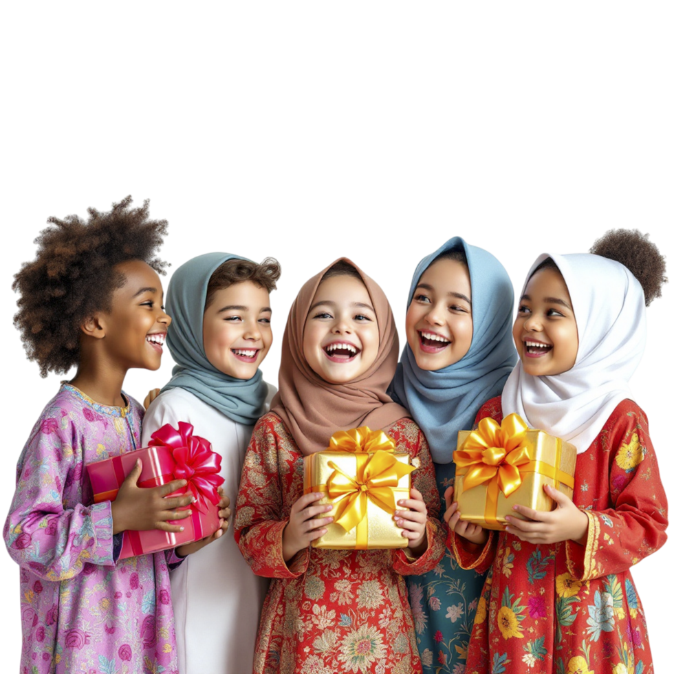 Muslim children holding gift boxes png