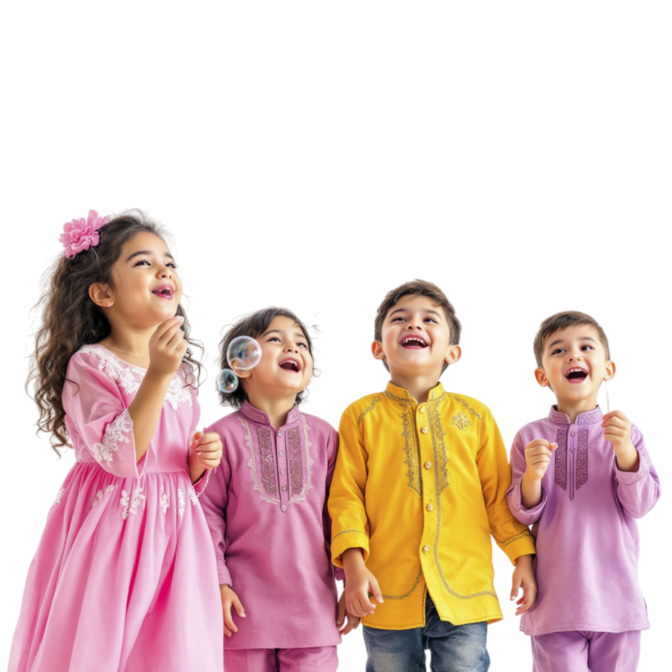 Four children in colorful outfits are standing together png