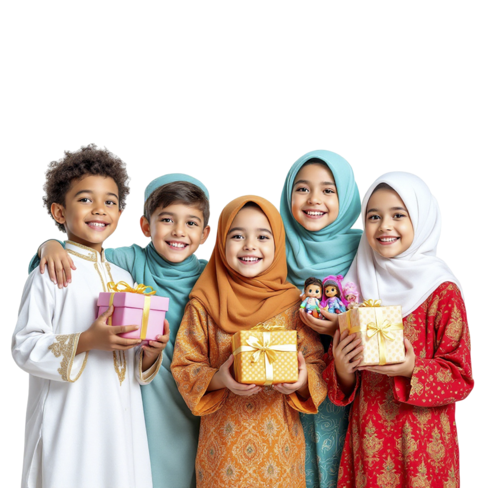 Muslim children holding gift boxes on black background png