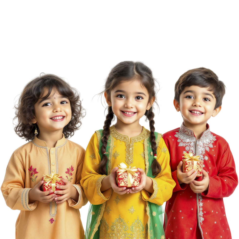 Three children in colorful outfits holding gifts png