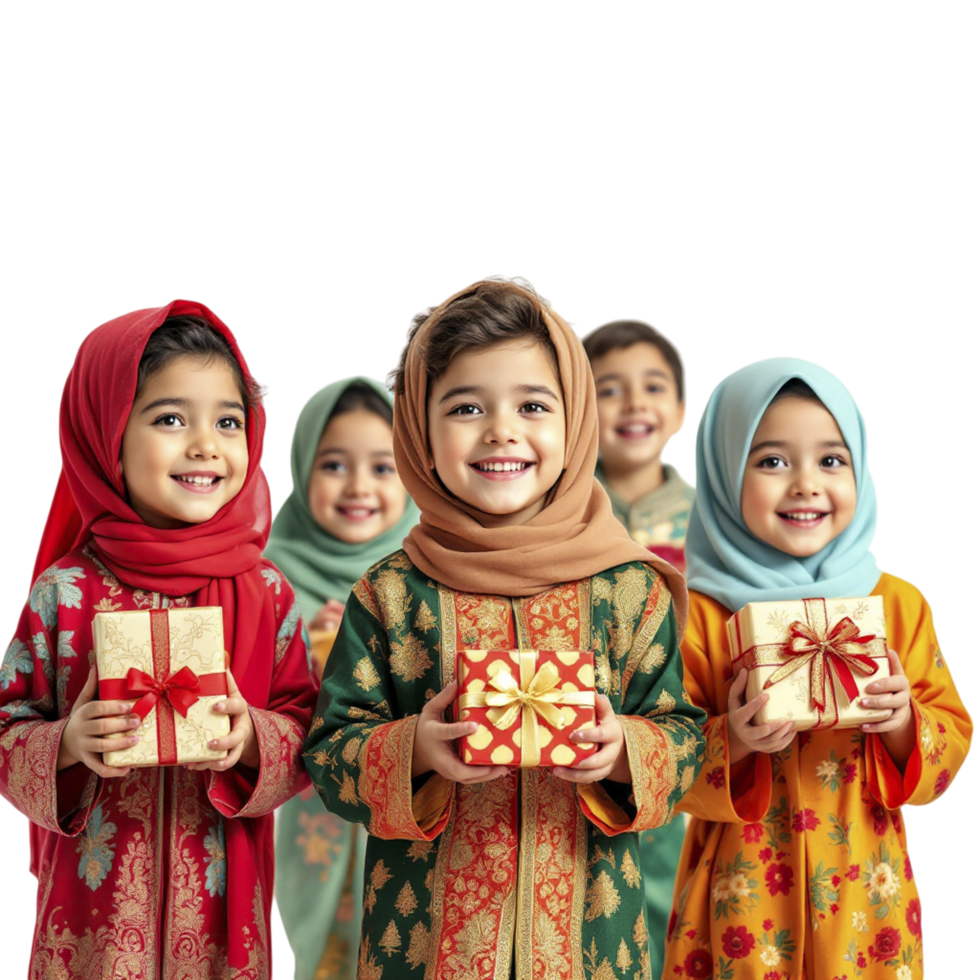 Muslim children in traditional clothing holding presents png