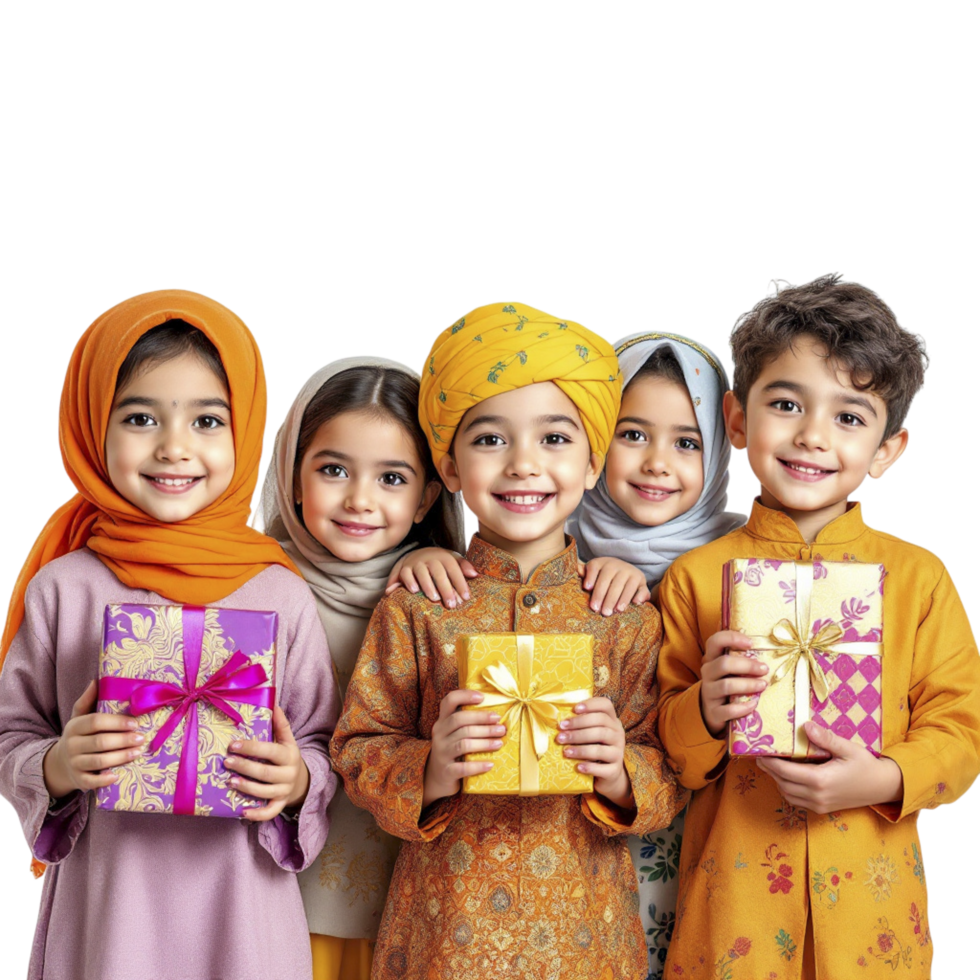Muslim children in traditional clothes holding gift boxes png