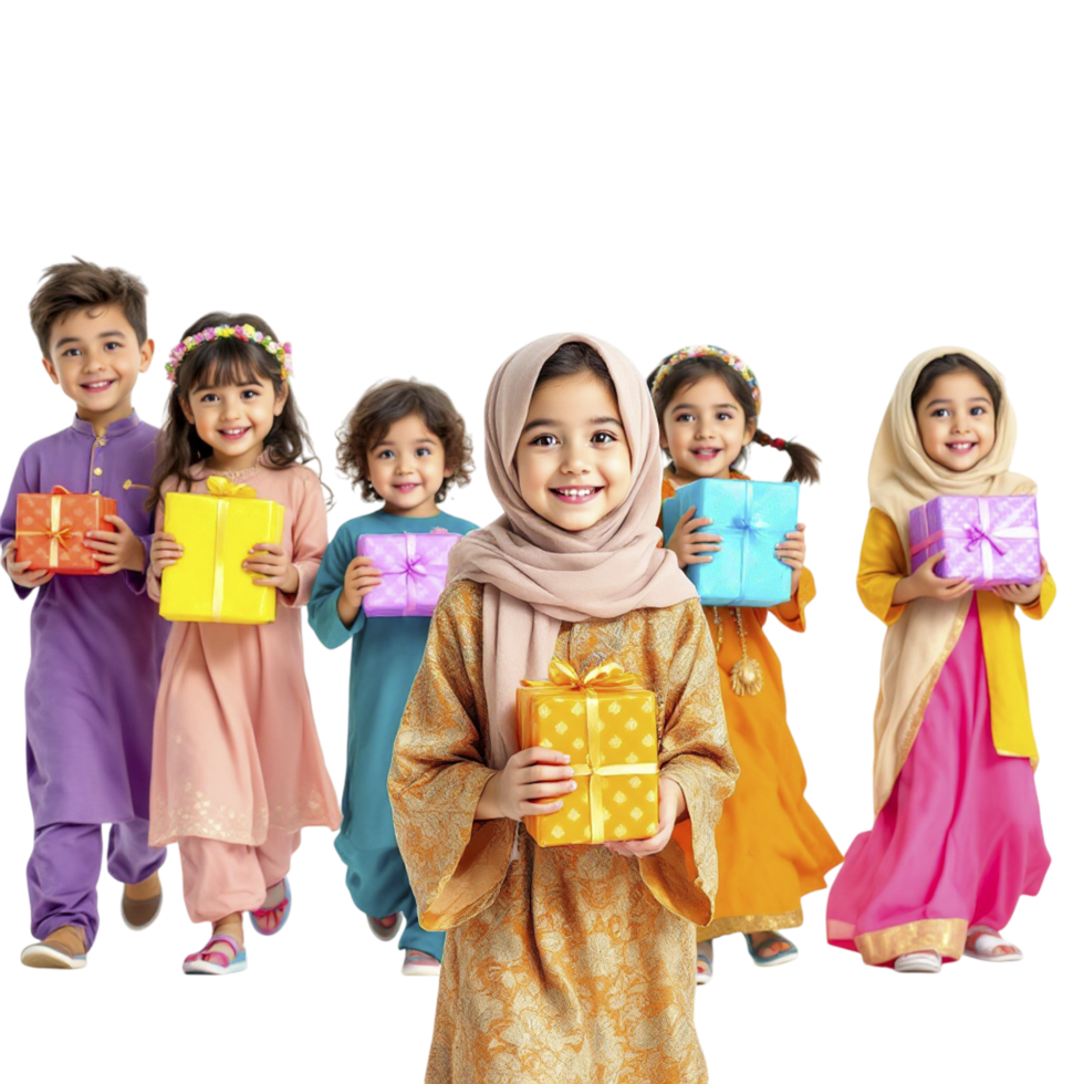 Muslim kids in colorful clothes holding presents png