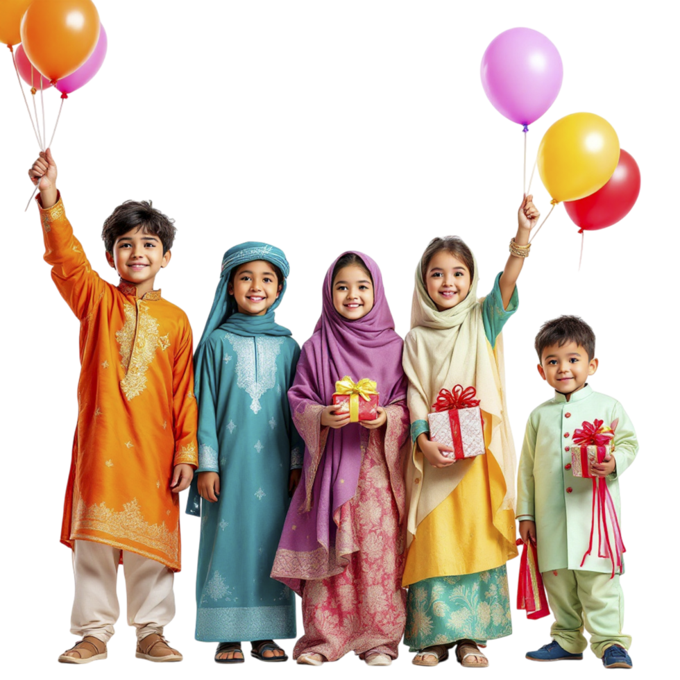 Happy children with balloons and gifts png
