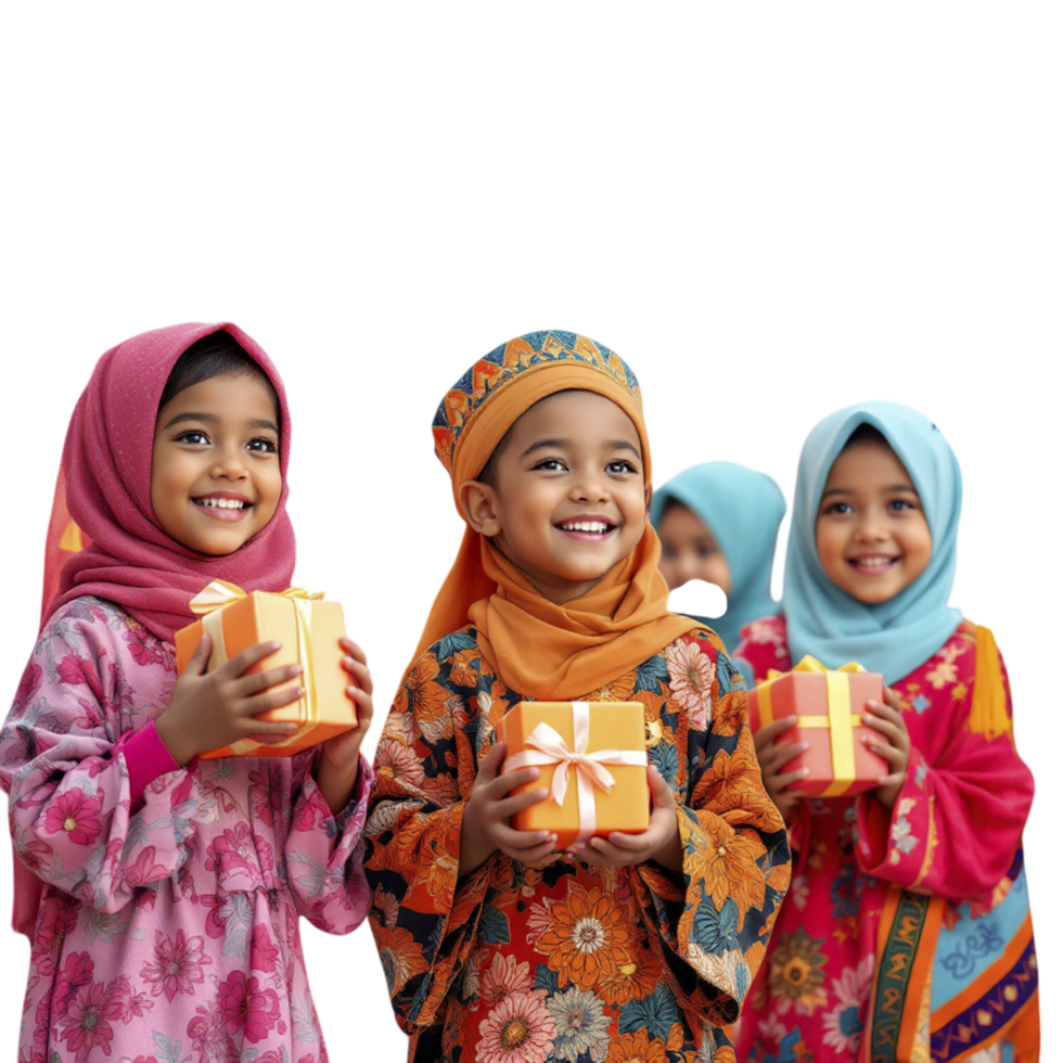 Three children in colorful clothing holding presents png