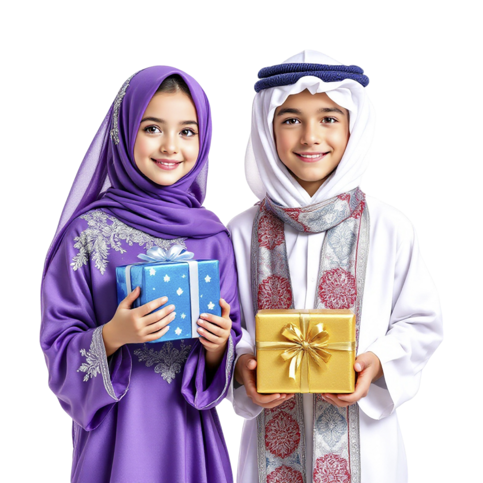 Two children dressed in traditional arabic clothing holding gifts png