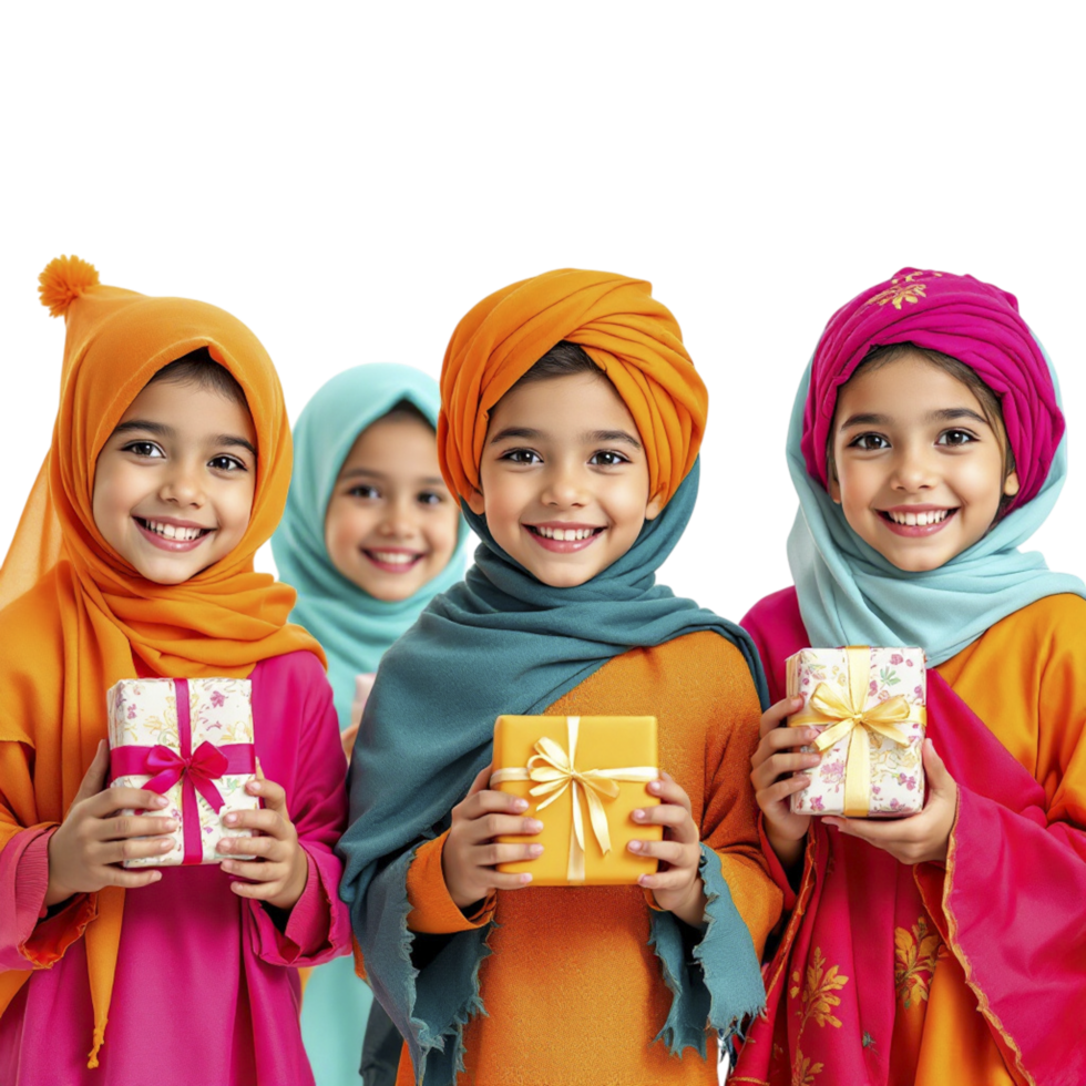 Muslim children in colorful clothes holding gift boxes png