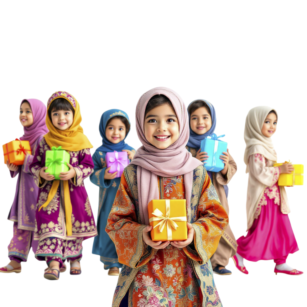 Muslim children holding presents in different colors png