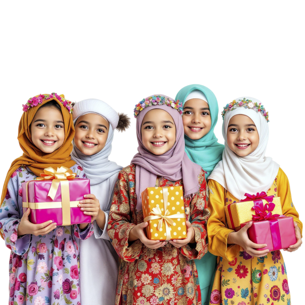 Muslim children in traditional clothes holding gifts png