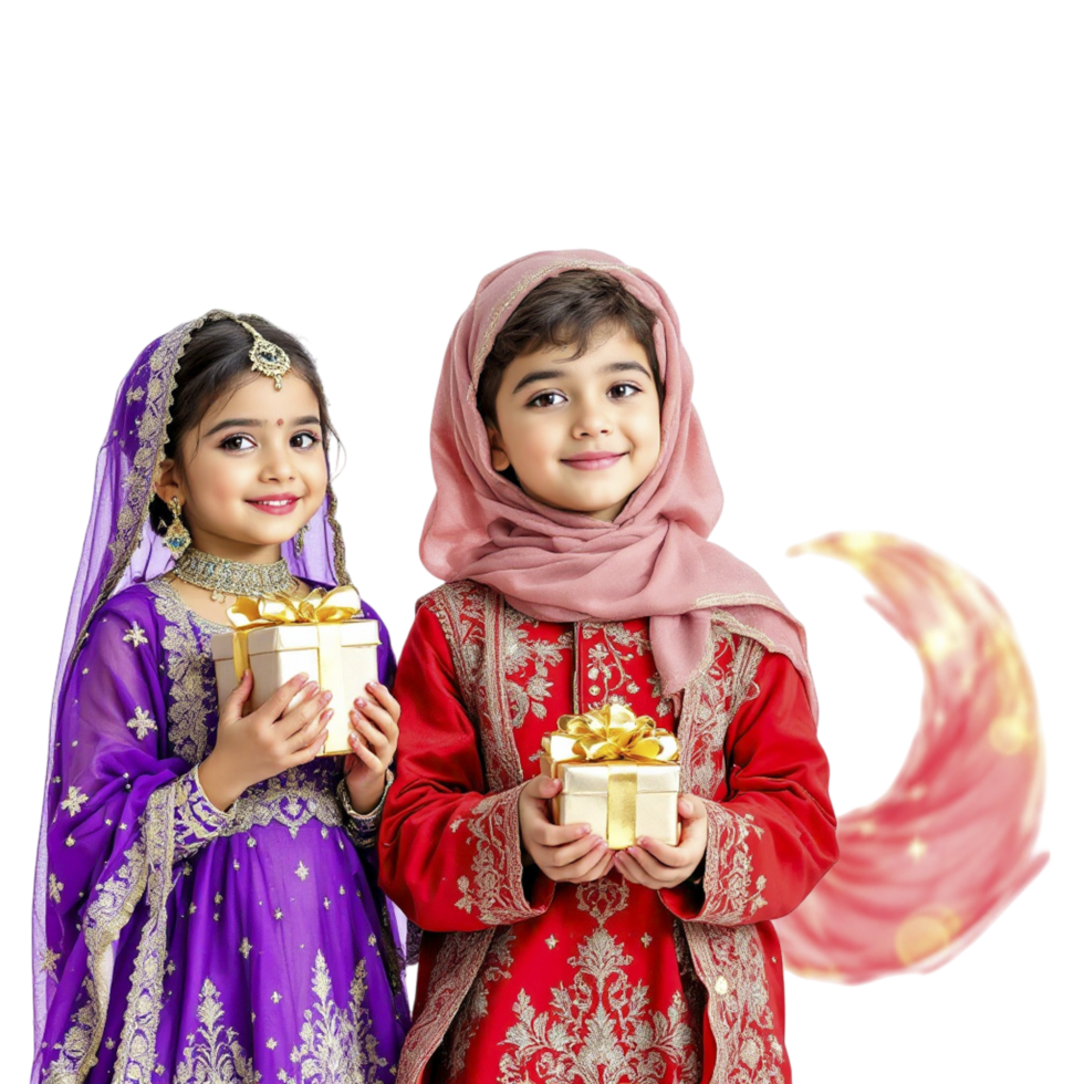 Two children dressed in traditional clothing holding gifts png
