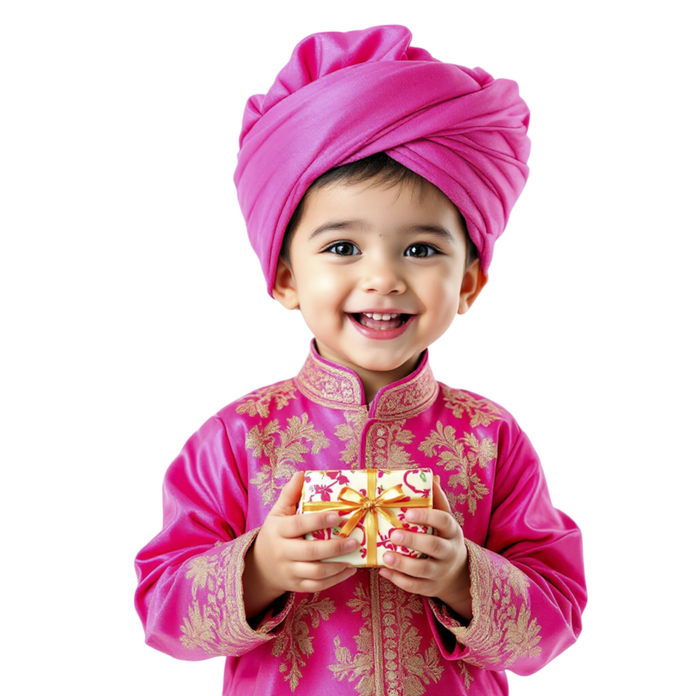 A little boy in a pink turban holding a gift png