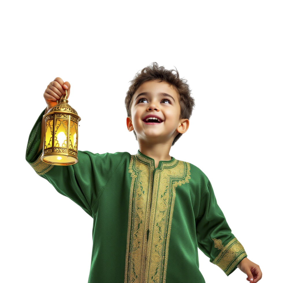 A young boy in a green robe holding a lantern png