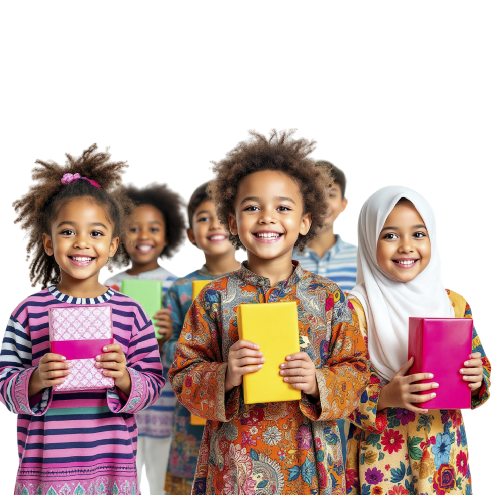 Children in colorful clothing holding books png