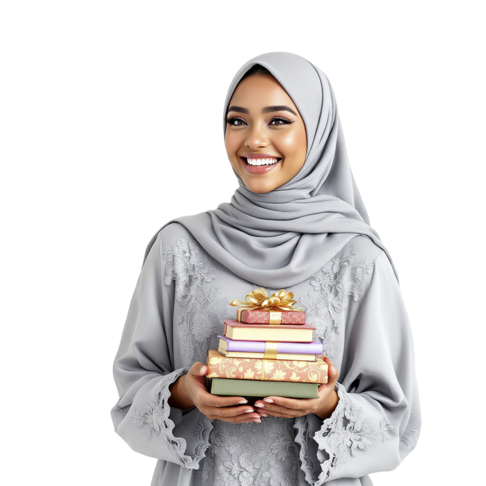 Happy muslim woman holding gift boxes on black background png