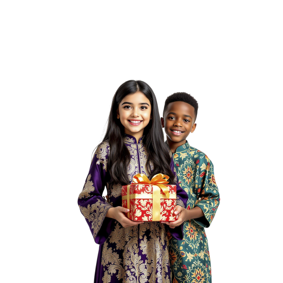 Two children in traditional clothing holding a gift box png