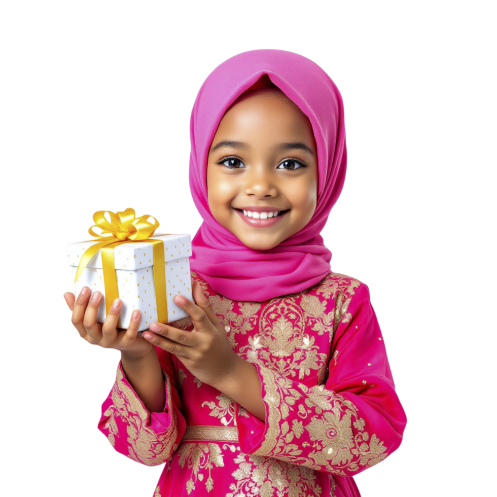 A little girl in a pink hijab holding a gift box png