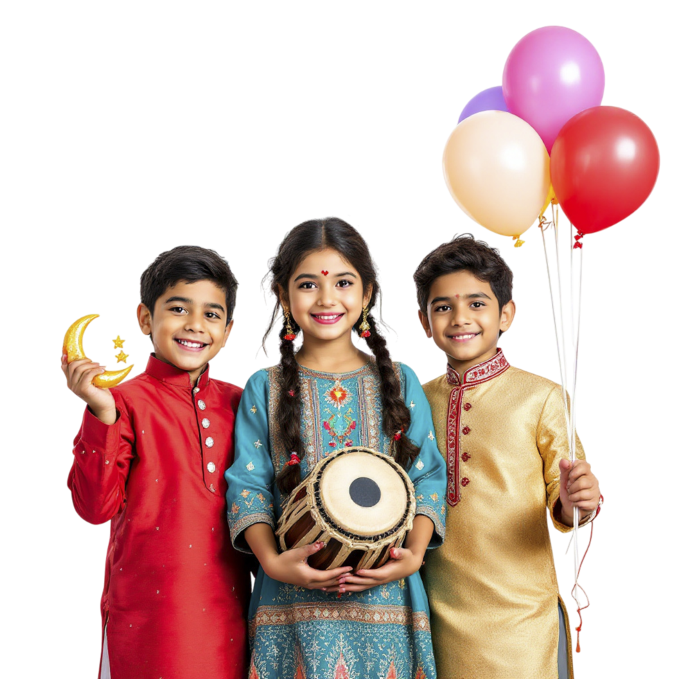 Three children in indian attire holding a drum and balloons png